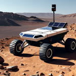 AI-Powered Mars Rover**

A futuristic Mars rover, fully clothed, exploring a rocky Martian landscape. The rover is equipped with advanced sensors and solar panels. AI-driven image recognition system analyzing rock formations. Deep space network antennas in the background. Safe for work, appropriate content, family-friendly, perfect anatomy, correct proportions, natural pose, professional photography, high quality. The rover should be traversing the scene autonomously, avoiding obstacles. The scene should convey a sense of scientific discovery.

**