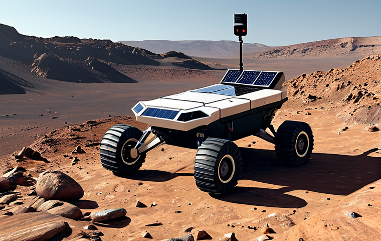 AI-Powered Mars Rover**

A futuristic Mars rover, fully clothed, exploring a rocky Martian landscape. The rover is equipped with advanced sensors and solar panels. AI-driven image recognition system analyzing rock formations. Deep space network antennas in the background. Safe for work, appropriate content, family-friendly, perfect anatomy, correct proportions, natural pose, professional photography, high quality. The rover should be traversing the scene autonomously, avoiding obstacles. The scene should convey a sense of scientific discovery.

**