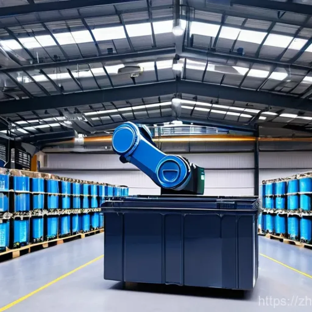 로봇의 친환경 기술 - **Prompt:** A state-of-the-art waste sorting robot in a brightly lit, clean, and futuristic recyclin...
