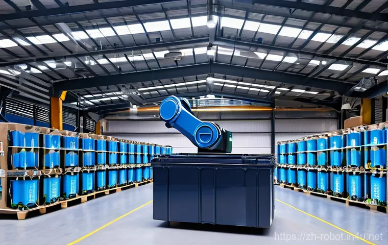 로봇의 친환경 기술 - **Prompt:** A state-of-the-art waste sorting robot in a brightly lit, clean, and futuristic recyclin...