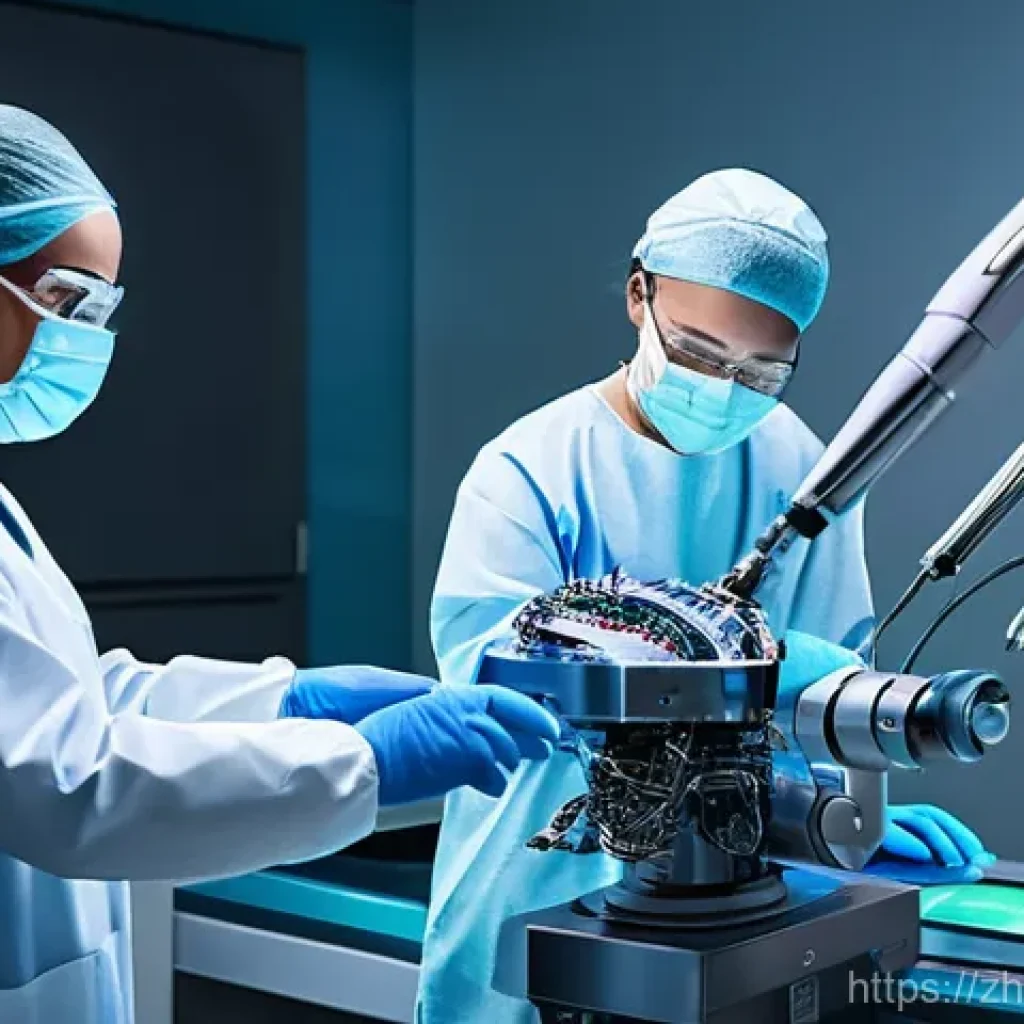 로봇과 유전자 치료 기술 - **A futuristic operating room scene.** A highly advanced, sleek silver surgical robot with multiple ...
