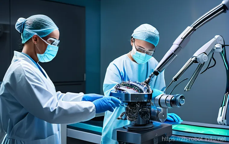 로봇과 유전자 치료 기술 - **A futuristic operating room scene.** A highly advanced, sleek silver surgical robot with multiple ...