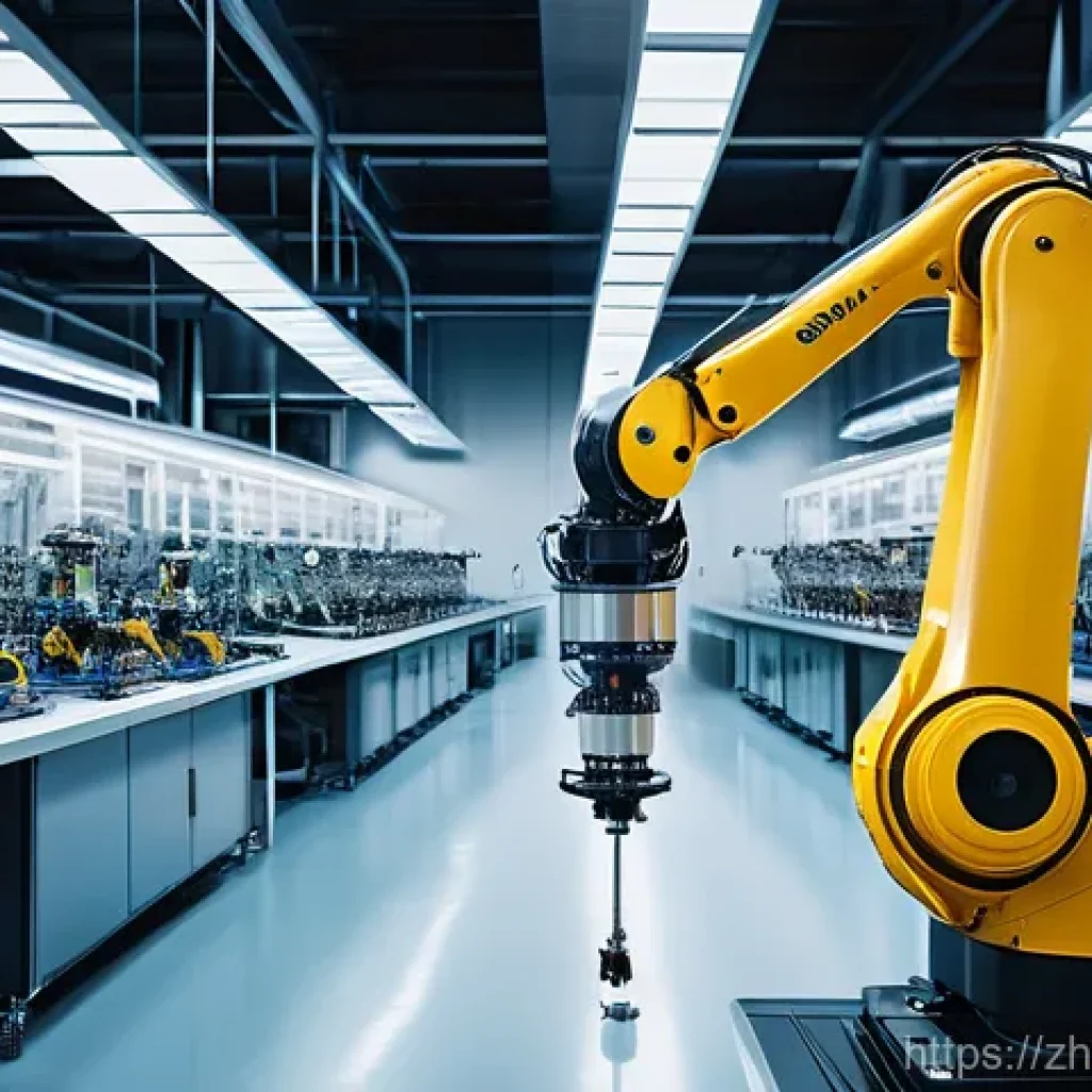 산업용 로봇 - **Prompt:** A highly detailed, wide-angle shot of a futuristic assembly line within a meticulously c...