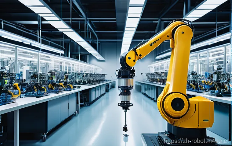 산업용 로봇 - **Prompt:** A highly detailed, wide-angle shot of a futuristic assembly line within a meticulously c...