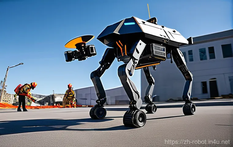 로봇이 적용된 재난 대응 시스템 - **Prompt:** An epic, wide-angle shot showcasing a diverse team of disaster relief robots tackling ch...