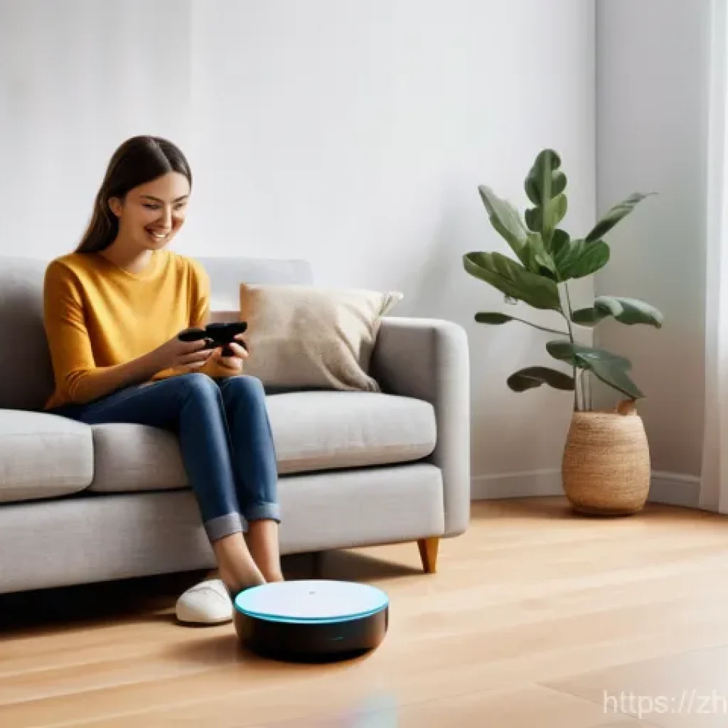 로봇과 웨어러블 디바이스 - **Prompt:** A cozy, modern smart home interior bathed in soft, natural light. In the living room, a ...