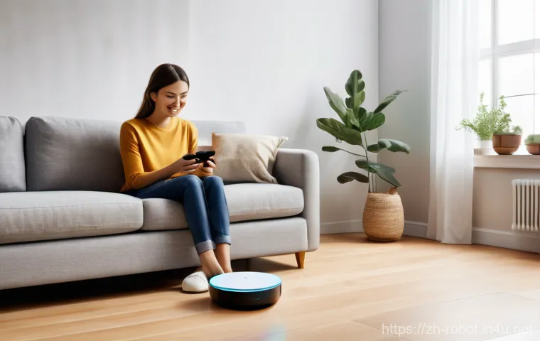 로봇과 웨어러블 디바이스 - **Prompt:** A cozy, modern smart home interior bathed in soft, natural light. In the living room, a ...