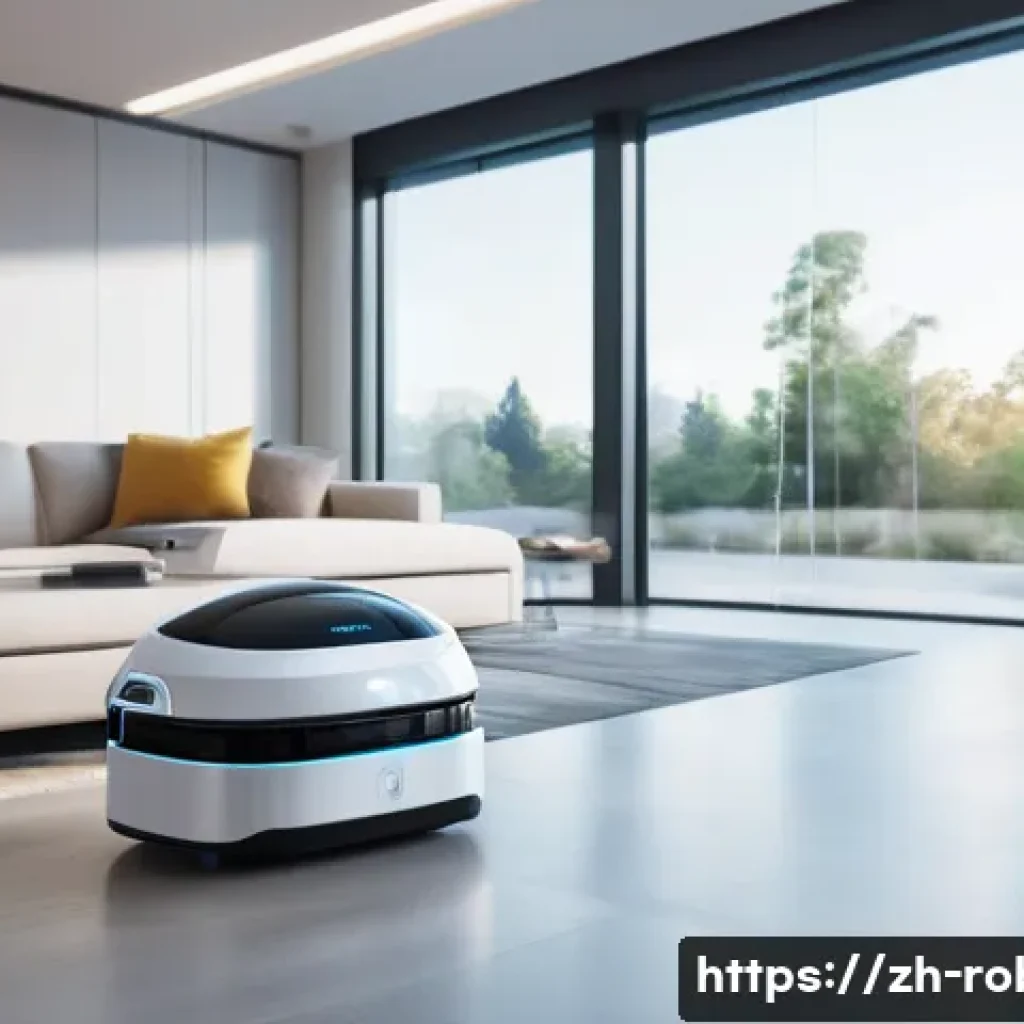 로봇 머신러닝 - A futuristic autonomous cleaning robot navigating a modern living room filled with furniture, using ...