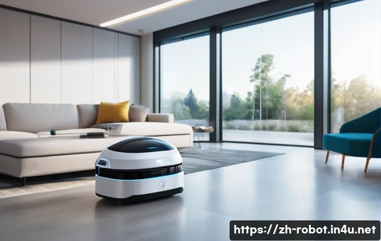 로봇 머신러닝 - A futuristic autonomous cleaning robot navigating a modern living room filled with furniture, using ...