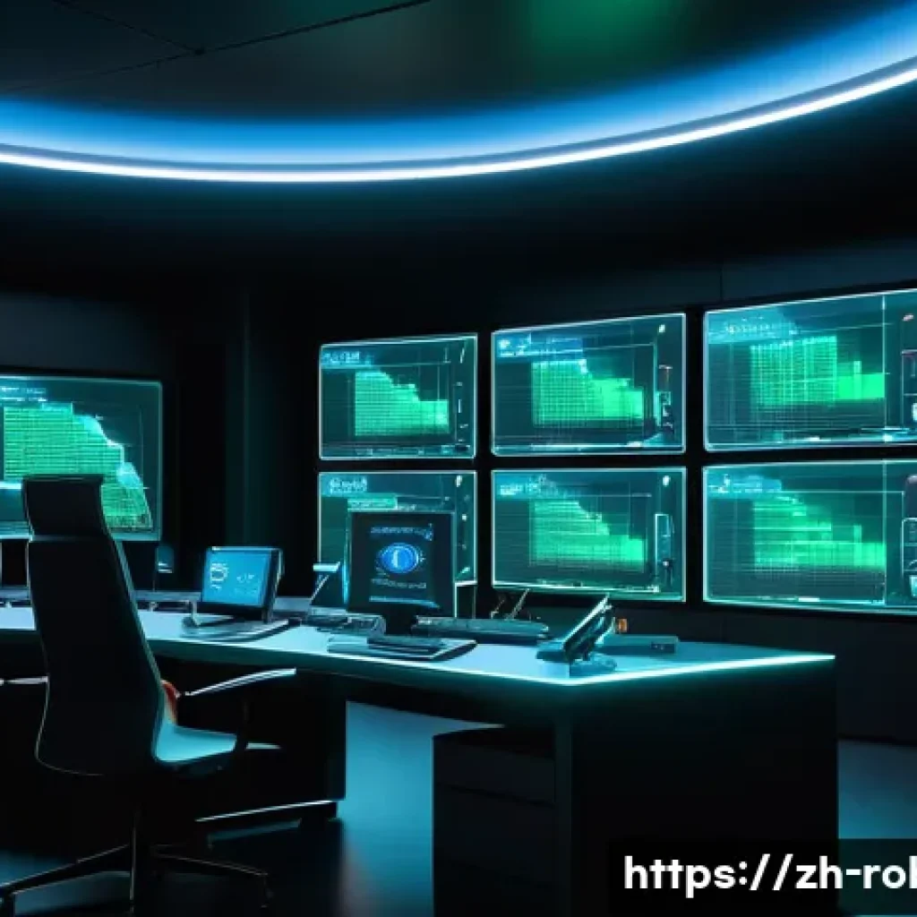 로봇 운영 체제 ROS - A futuristic robot control room showcasing a distributed robotic system architecture in action: mult...