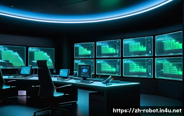로봇 운영 체제  ROS - A futuristic robot control room showcasing a distributed robotic system architecture in action: mult...