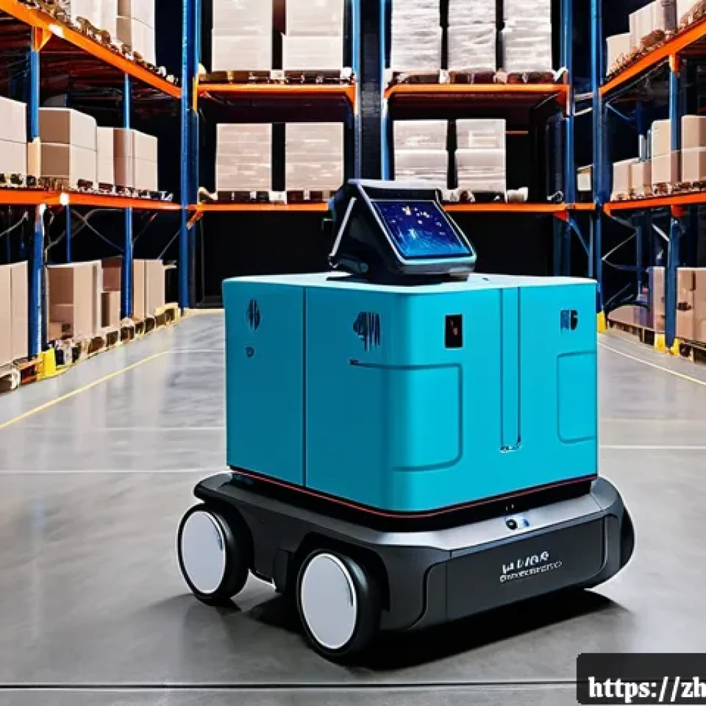 로봇 기반 자율 주행 기술 - A futuristic autonomous delivery robot navigating a dimly lit warehouse filled with stacked pallets ...