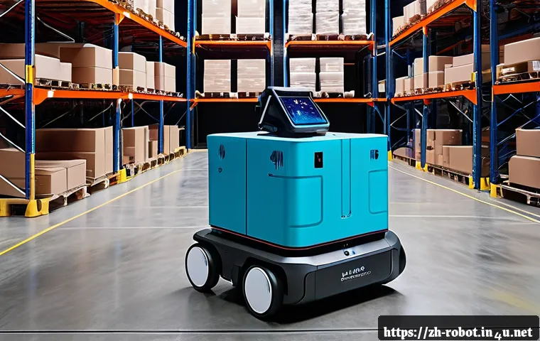 로봇 기반 자율 주행 기술 - A futuristic autonomous delivery robot navigating a dimly lit warehouse filled with stacked pallets ...