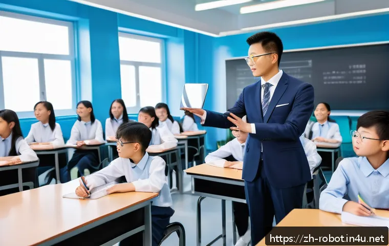 로봇 공학 교수 연구 사례 - A futuristic classroom scene featuring a humanoid robot professor wearing smart glasses and a neat s...