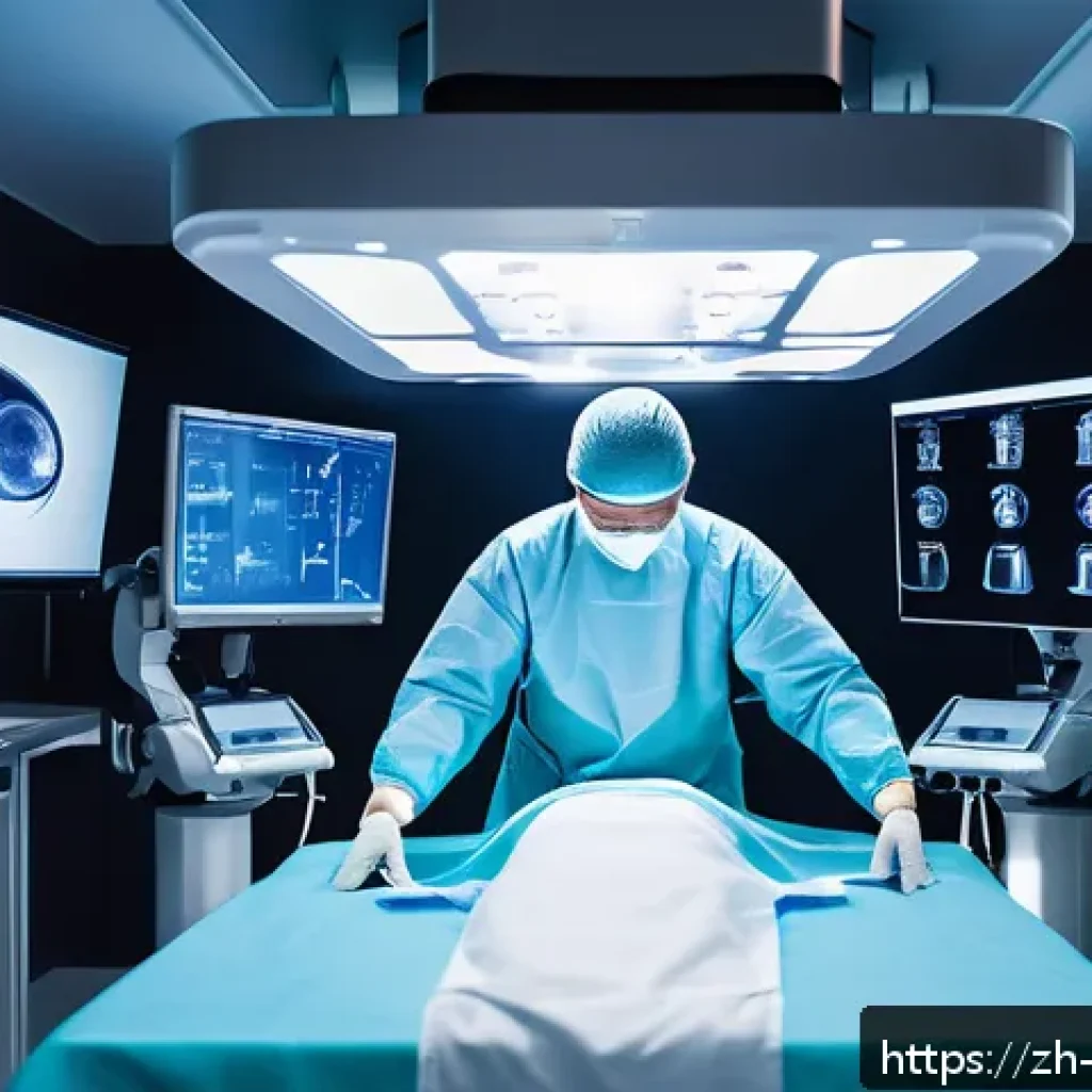 로봇 기반 헬스케어 혁신 - A futuristic robotic surgical system performing a minimally invasive operation in a high-tech hospit...