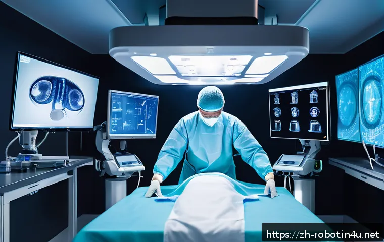 로봇 기반 헬스케어 혁신 - A futuristic robotic surgical system performing a minimally invasive operation in a high-tech hospit...