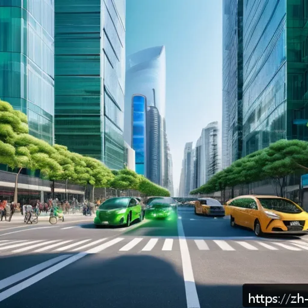 로봇이 바꾸는 도시 인프라 - A bustling modern Chinese city intersection featuring intelligent traffic lights equipped with AI se...