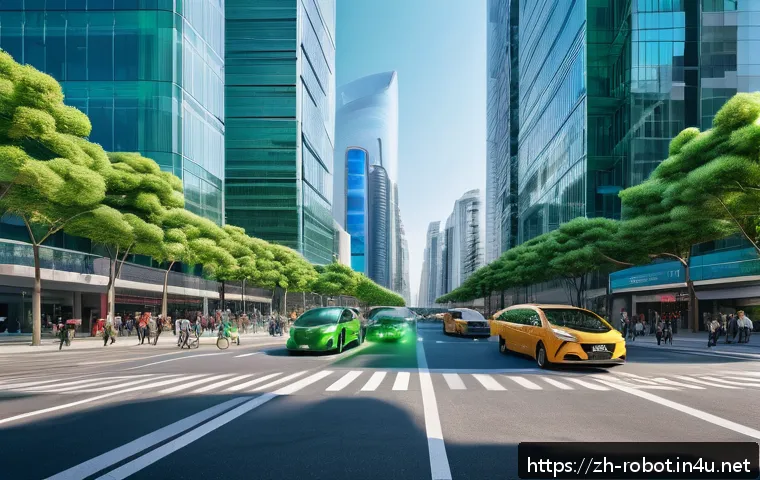 로봇이 바꾸는 도시 인프라 - A bustling modern Chinese city intersection featuring intelligent traffic lights equipped with AI se...
