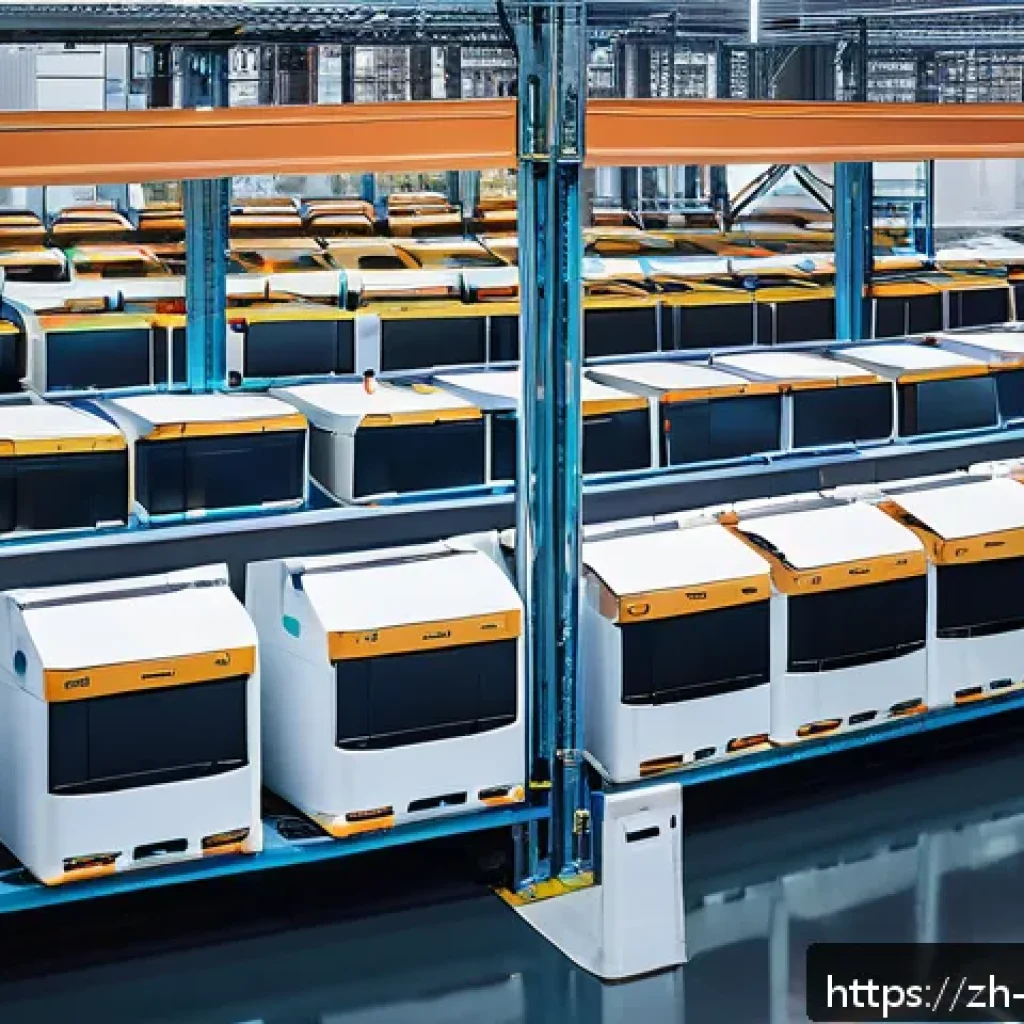 로봇 공학과 소프트웨어 개발 - A futuristic warehouse scene showcasing multiple autonomous robots collaborating seamlessly to move ...