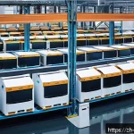 로봇 공학과 소프트웨어 개발 - A futuristic warehouse scene showcasing multiple autonomous robots collaborating seamlessly to move ...