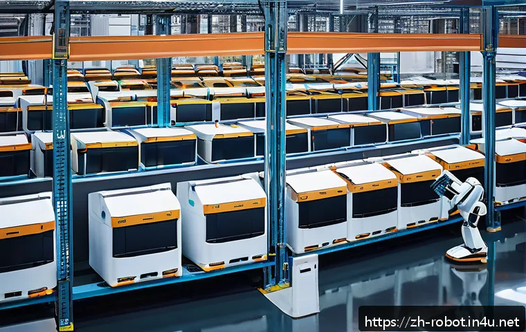로봇 공학과 소프트웨어 개발 - A futuristic warehouse scene showcasing multiple autonomous robots collaborating seamlessly to move ...