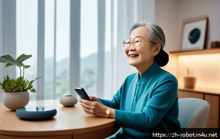 로봇 음성 인식 기술 - A modern smart home interior scene showcasing advanced voice interaction technology: an elderly Chin...