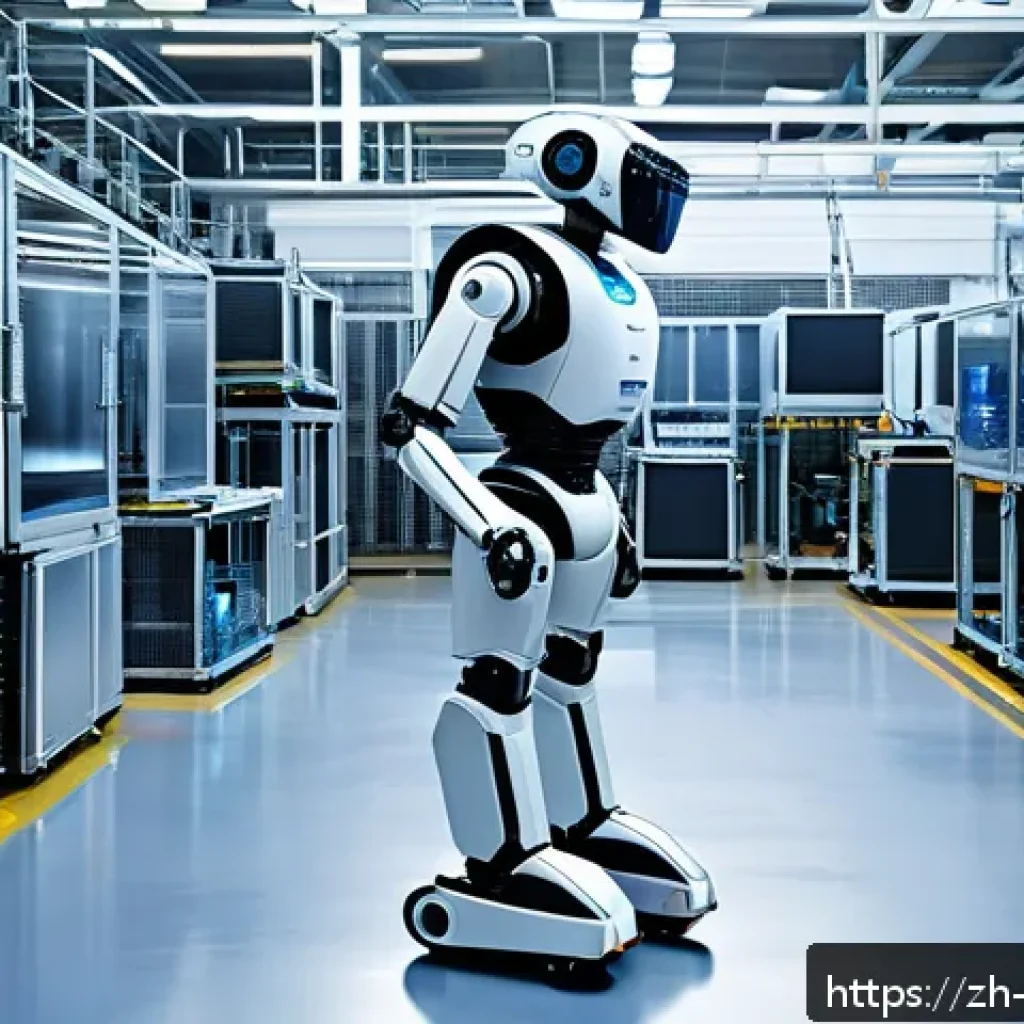 로봇용 임베디드 시스템 - A futuristic industrial robot equipped with multiple sensors including cameras, laser scanners, and ...