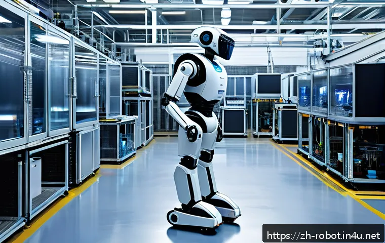 로봇용 임베디드 시스템 - A futuristic industrial robot equipped with multiple sensors including cameras, laser scanners, and ...