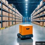 로봇 내비게이션 기술 - A futuristic warehouse interior scene featuring a multi-sensor fusion logistics robot navigating aut...