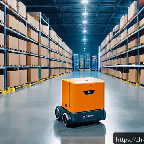 로봇 내비게이션 기술 - A futuristic warehouse interior scene featuring a multi-sensor fusion logistics robot navigating aut...