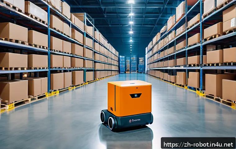 로봇 내비게이션 기술 - A futuristic warehouse interior scene featuring a multi-sensor fusion logistics robot navigating aut...