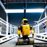 로봇 도전 과제 - Photorealistic robotics challenge arena inside a modern Chinese university innovation lab, a compact...