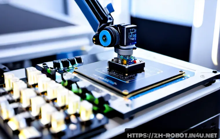 로봇용 인공지능 칩셋 - Photorealistic close-up of an advanced AI chipset mounted on a robotic arm control board, precision ...